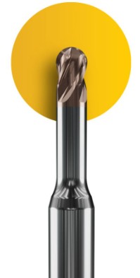 Metal drill bit product photo on a yellow circular background