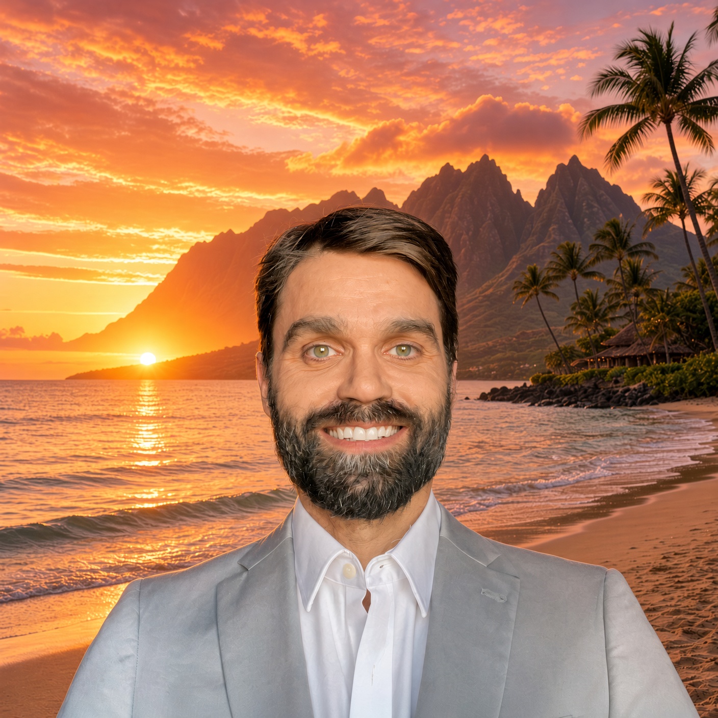 Smiling bearded man in a light gray suit at a tropical beach sunrise